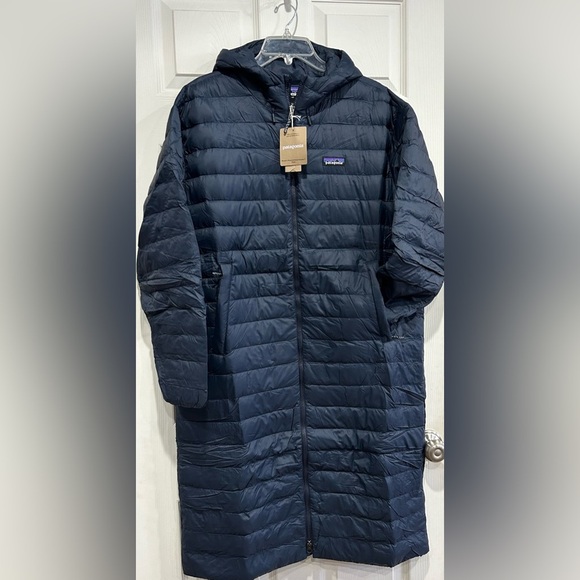 Patagonia Women's Large Recycled Down Sweater Parka Long Jacket Puffer Blue NWT - Picture 1 of 11
